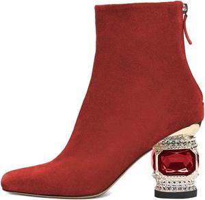 XYD Прекрасные женские ботильоны, средне-низкие, массивные, с кристальным каблуком, закрытые, с квадратным носком, короткие ботильоны, на молнии, для вечеринок, бальных танцев, элегантная обувь