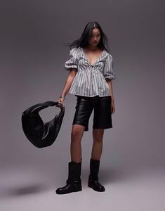 Топ Topshop из поплина с рукавами-фонариками в монополоску