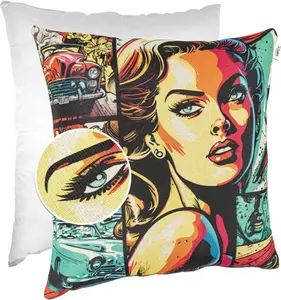 Декоративная подушка 40х40 см, чехол с наполнителем, дизайнерский чехол на молнии, рисунок в виде комического гобелена, красочный