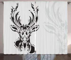 Штора ABAKUHAUS Rustic с рогами, в стиле племенного оленьего абажура, универсальная ленточная штора для гостиной с петлями и крючками, 280 x 225 см, светло-серо-черный цвет