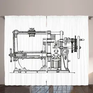 Шторы ABAKUHAUS "Инженерная тема в деревенском стиле", "Машиностроение", универсальные, для гостиной, с петлями и крючками, 280 x 225 см, цвет "Белый-черный" Abakuhaus