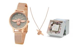 OLIVIA·BURTON Часы Wrist Watch Quartz Movement Leather Watch Bands Gray Dial Women's Watch Women's Bee Necklace Set