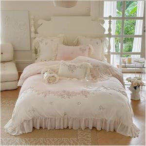 Generic Комплект постельного белья с вышивкой розами и французскими кружевными оборками из бархатного флиса Pink