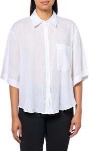 HUGO Женская короткая рукав рубашка на пуговицах из льняной смеси, White Powder