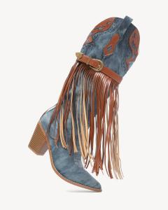 Женские вестерн-ботинки NEWBELLA с вышивкой и бахромой, заостренный носок, ковбойские сапоги на массивном каблуке до середины голени с боковой молнией, Blue