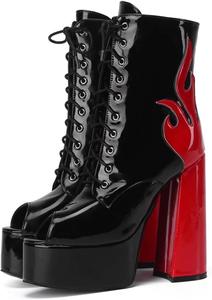 Женские туфли Frankie Hsu большого размера, красные лакированные с кружевной шнуровкой, с открытым носком, на платформе и массивном каблуке, ботильоны на каблуке