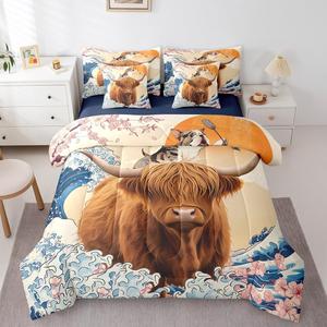 Erosebridal Комплект постельного белья Japanese Style с морскими волнами и цветущей сакурой в стиле кавай, Brown Navy Beige