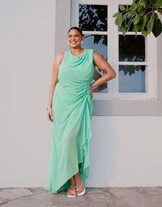 Платье макси ASOS DESIGN Curve со сборками на талии и открытой спиной в цвете яблочно-зеленого цвета ASOS Curve