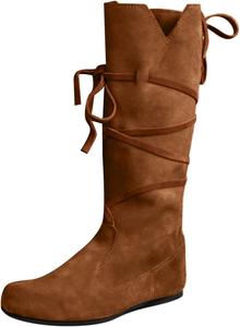 Женские ботинки до середины икры с широким голенищем, шнуровкой, модный дизайн, заостренный носок, квадратный низкий каблук, ботильоны на осень и зиму, повседневная обувь в ретро стиле Generic, Brown