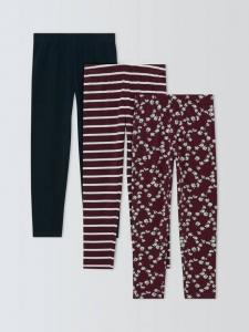Детские легинсы из джерси с однотонным, полосатым и цветочным принтом John Lewis, Pack of 3, Berry, Blue, Cream