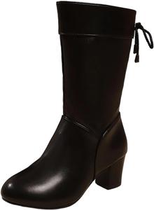 Элегантные женские сапоги до середины икры: модные сзади на шнуровке, с заостренным носком, массивным высоким каблуком, зимние теплые ботильоны для свадеб, вечеринок и праздничных нарядов Generic, Black