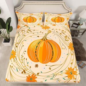 Erosebridal Детский комплект постельного белья Pumpkin Printed с оранжево-белым растительным принтом, 3 предмета, Orange White