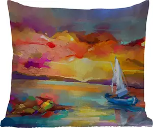 Подушка для улицы - Живопись - Масляная краска - Лодка - Цвета - 50x50 см - Устойчива к погодным условиям - Подушка для отдыха - Удобная - Подушка с рисунком MuchoWow