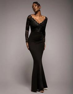 Платье макси Goddiva с фестончатым кружевным лифом и длинными рукавами, бардо, черное