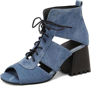 Женские сандалии с блок-каблуком Alyaafifa, 2 дюйма, удобные, с открытым носком, ботильоны на каблуке, летние обувь для платья, повседневные, для отпуска, свадьбы, вечеринки, Lace Up - Blue Denim