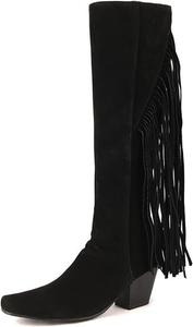 Женские ковбойские сапоги Ulalaza с бахромой, скрытой танкеткой, скуфита на щиколотке, с кисточками, стразы, блестящая ткань, нубук, удобные сапоги на ноге для улицы, свадьбы или вечеринки, S11-Black