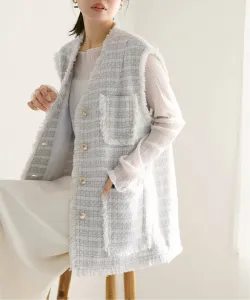 Жилет без воротника из твида ламе Noble, цвет White