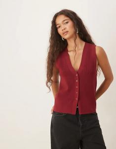 Вязаный жилет Mango с V-образным вырезом бордового цвета