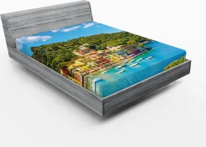 Простыня на резинке ABAKUHAUS Италия, панорамный вид с высоты птичьего полета на Портофино, деревню и яхту, гавань Литл-Бэй, 150 x 190 см, цвет: зеленый, синий, желтый Abakuhaus