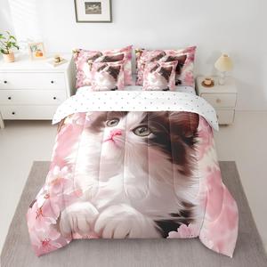 Erosebridal Комплект постельного белья Cute Cat Full с комфортером и простынями в стиле кавай, розовый с вишневыми цветами и котятами, Cute Pink