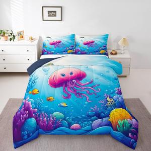 Erosebridal Детский комплект постельного белья Cute Jellyfish с морскими обитателями, мягкий дышащий материал, мультяшный подводный мир, Blue Pink