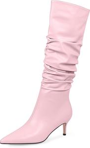 Женские ботфорты на шпильке с заостренным носком и низким каблуком-кистенок, свободное платье, высокие ботинки до колена Odetina, Pink