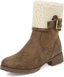 Женские модные ботильоны на средней подошве с пряжкой, декоративным элементом, боковой молнией и коротким искусственным мехом LYYSKY, Khaki