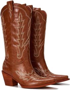 Ковбойские сапоги для женщин - западные сапоги средней длины до икра - заостренный носок - 3-дюймовый массивный деревянный каблук с вышивкой Orlynx, Bronze Brown