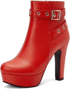 Женские ботильоны на платформе с каблуком, круглым носком и пряжкой Renessmi, Red 4