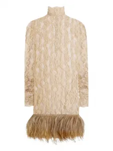 Кружевное платье мини с перьями DOLCE & GABBANA, бежевый