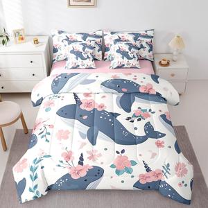 Erosebridal Комплект постельного белья Unicorn Whale с милыми мультяшными океанскими животными и розовой сакурой, морская тематика для детей, Pink Blue White