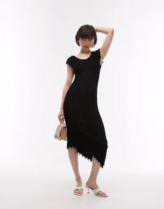 & Other Stories трикотажное платье миди с бахромой по горловине и подолу черного цвета