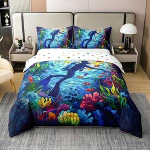 Erosebridal Комплект постельного белья Underwater Sports из 100% хлопка с принтом морских водорослей в сине-зеленых тонах, Green Blue