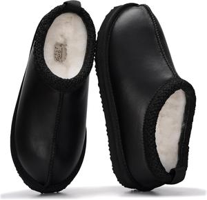 Тапочки Project Cloud для женщин из 100% натуральной кожи с натуральной подкладкой из австралийской овчины - нескользящие тапочки из ЭВА с памятью формы и мягким пушистым внутренним слоем (Nerita), Black Distressed