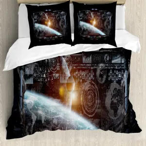 Пододеяльник ABAKUHAUS "Космический пейзаж" с изображением звездной пыли, с защитой от клещей, подходит для аллергиков, с наволочками, 155 x 220 см - 80 x 80 см, цвет: оранжево-серый