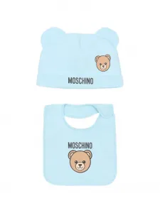 Комплект из шапочки и нагрудника с аппликацией в виде медвежонка Moschino Kids, синий
