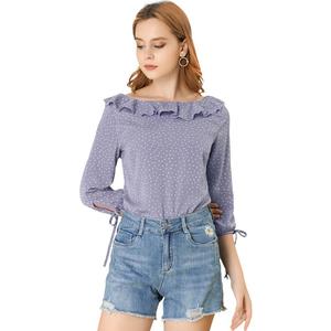 Женский винтажный топ с рукавом 3/4, блузка в горошек с оборками и вырезом «лодочка» ALLEGRA K, фиолетовый