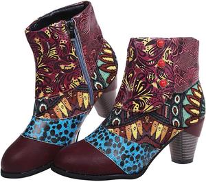 Женские ботильоны Hbeylia Western с низким голенищем, винтажные этнические бохо-принты, массивные высокие каблуки, короткие ботинки, модные кожаные с заостренным носком, ботильоны на осень и зиму, нарядные с устойчивым каблуком, ковбойские ботинки, Purple