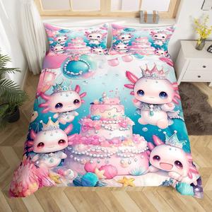 Erosebridal Комплект постельного белья Cute Axolotl с рисунком саламандры и морских обитателей в розово-голубых тонах, Pink White Grey