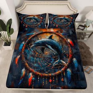 Erosebridal Комплект постельного белья Dolphin Fitted Sheet Dream Catcher с бохо-перьями и морскими животными в экзотическом стиле, Grey Blue Red