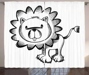 Штора ABAKUHAUS "Рустикальный рисунок", "Летучий львенок сафари", присборенная штора для спальни с петлями и крючками, 280 x 175 см, цвет "Белый черный"