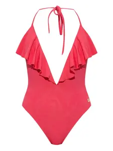 Купальник с вырезом халтер и оборками Balmain, красный