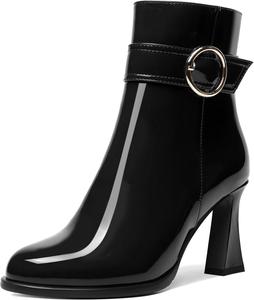 Женские ботильоны AMBELIGHT с круглым носком, для вечеринок, модные, лакированные, однотонные, с молнией, на высоком каблуке 3,3 дюйма, Black