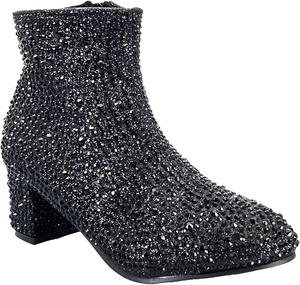 Ботильоны ABSOLEX для девочек с круглым носком, декоративными стразами, массивным низким каблуком и укороченной голенью, Black