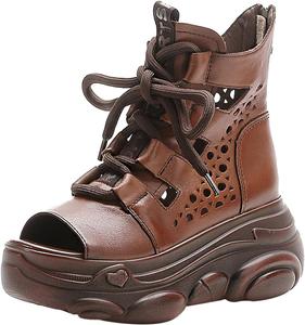 Женские летние ботильоны на платформе из натуральной кожи с открытым носком, кружевами, вырезами и задней молнией, короткие ботинки BlackeEight, Brown