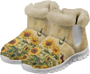Женские зимние ботинки JoyLamoria Hippie Flower, укороченные ботинки с противоскользящей подошвой, мягкой стелькой из памяти формы, пушистые низкие ботинки, модные цветочные прогулочные ботиночки для женщин, легкие босоногие ботинки, Sunflower