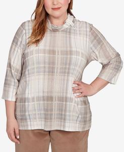 Вязаный топ большого размера Vienna с драпированным воротником-хомутом и клетчатым узором Alfred Dunner, Latte Multi