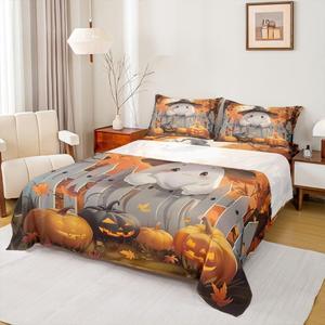 Erosebridal Готический комплект постельного белья Black Witch Hat Ghost с рисунком тыквенных фонарей и осенних листьев, White Black Orange