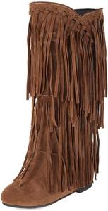 Generic Женские ковбойские сапоги с бахромой, модные, с скрытым каблуком, высокие до колена, зимние, с круглым носком, с кисточками, мокасины