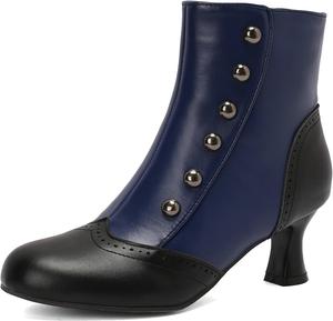 Женские винтажные викторианские ботинки Betastella с низким каблуком-кисет, ботильоны с круглым носком, массивным каблуком, боковой молнией, короткие ведьмовские лолита-ботинки, Navy Blue